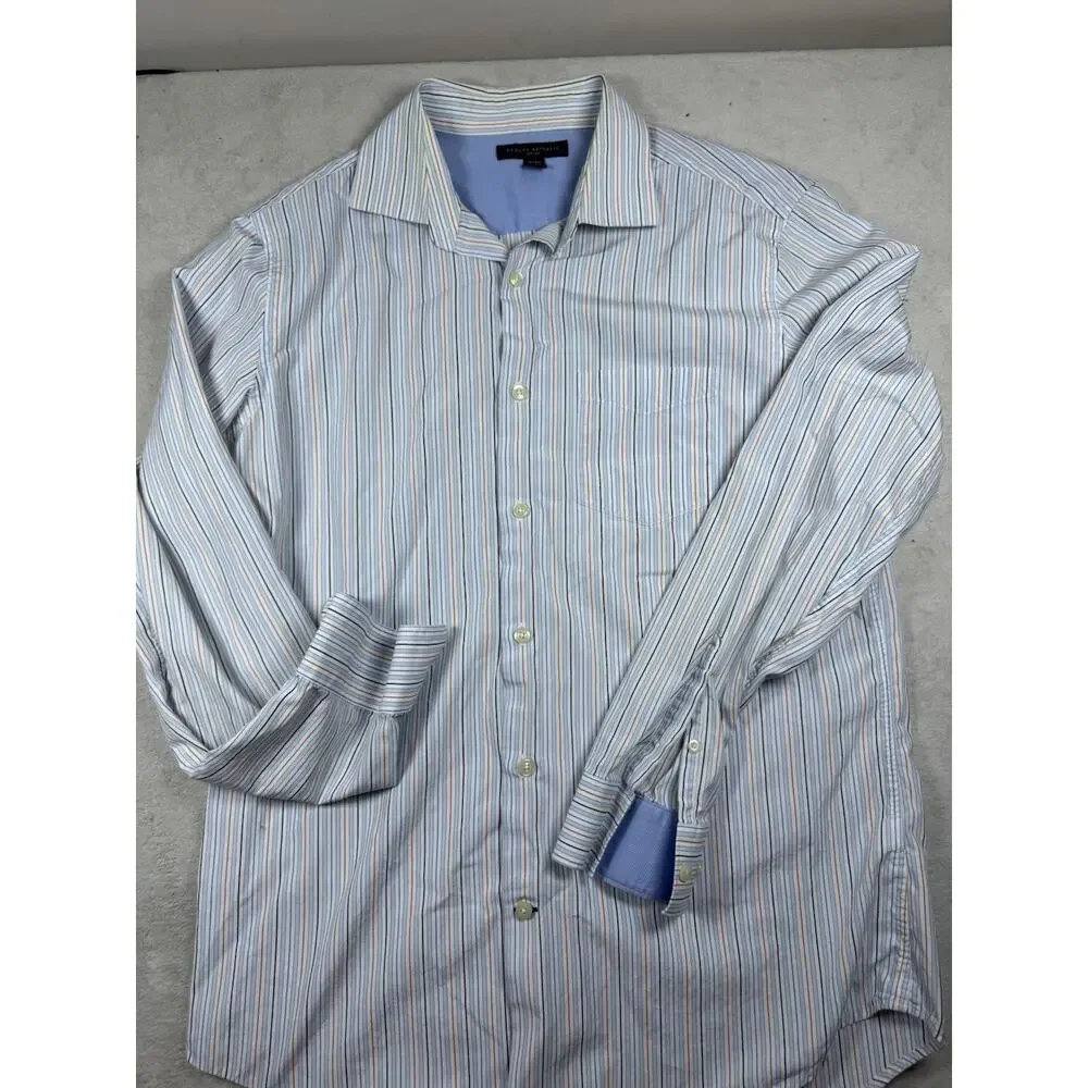 Banana Republic Men’s M 15-15.5 Fitted Dress Shirt Blue Orange Stripe Long Sleev